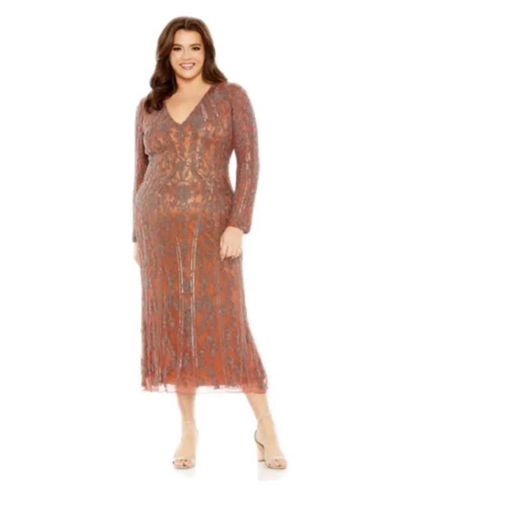 NWT Mac Duggal V-neckline Midi Sheath Dress, in rosesood Size 18W style number